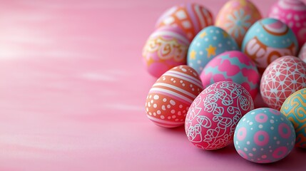 Fototapeta premium 3D Decorative easter eggs with copy space on pink background.