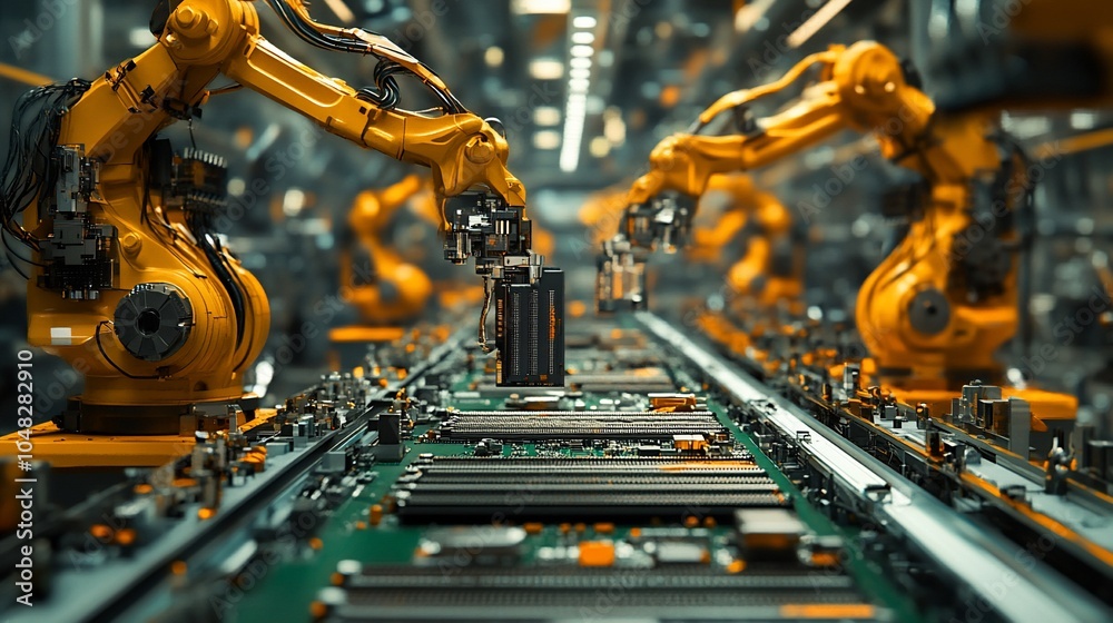 Aufkleber yellow robotic arms assembling circuit boards on a production line in a modern factory.