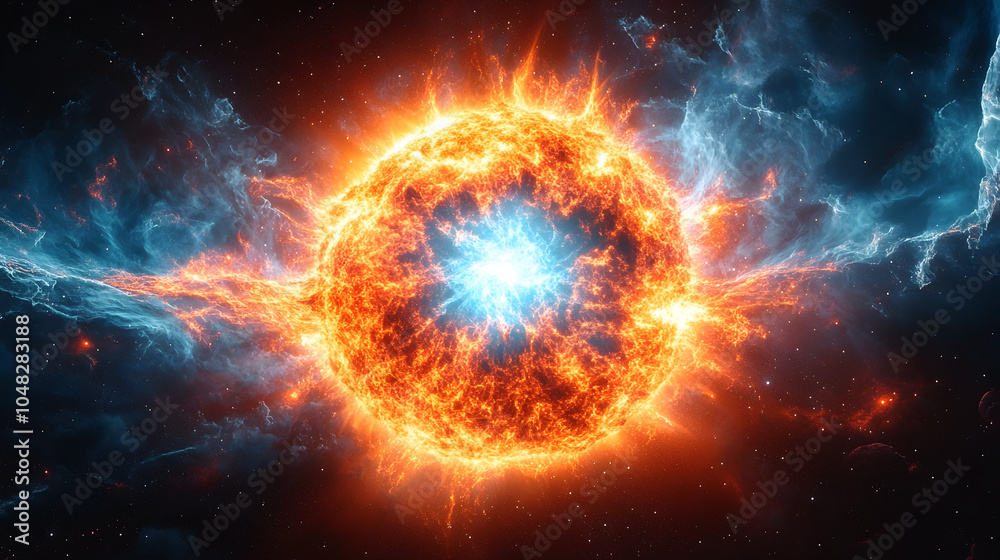 Poster dramatic and powerful cosmic solar explosion in fiery galactic nebula background. intense nuclear fu