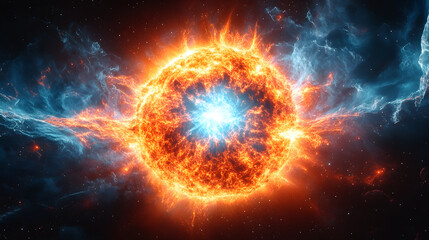 Dramatic and Powerful Cosmic Solar Explosion in Fiery Galactic Nebula Background. Intense Nuclear Fusion Reaction in Stellar Formation.