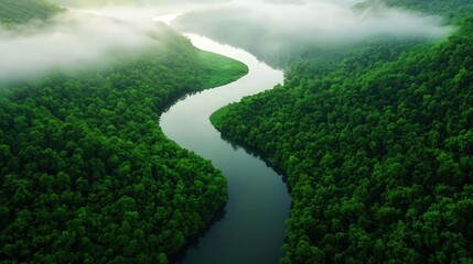 Wide river winding through a dense forest, morning mist over the water, sunlight filtering through trees, river in the forest, peaceful nature
