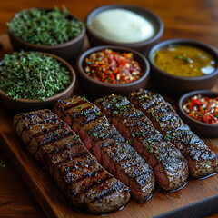 A large platter of seasoned steak, sliced, with roasted yellow potatoes and herbs. Small bowls of spices surround it.

