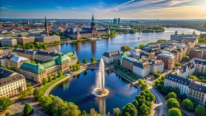 Obraz premium Stunning Drone View of Hamburg's Inner Alster Lake with Sunlit Fountain and Cityscape