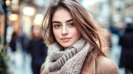 Fototapeta premium Stylish woman in a cozy coat and scarf gazing at the camera on a bustling city street filled with blurred pedestrians during a winter day