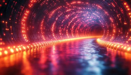 Obraz premium Digital tunnel with pink and yellow lights, perspective view, futuristic and dynamic scene