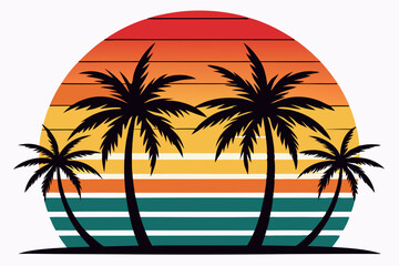 retro sunset beach palm trees silhouettes