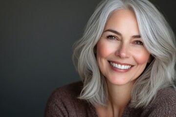 Naklejka premium Joyful elderly lady in her 50s with silver hair, close-up portrait of a mature woman. Highlighting glowing skin, beauty products, and oral hygiene