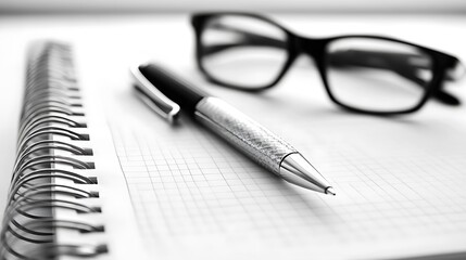 Office supplies such as a notebook glasses and pen neatly displayed on a simple white surface