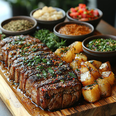A large platter of seasoned steak, sliced, with roasted yellow potatoes and herbs. Small bowls of spices surround it.


