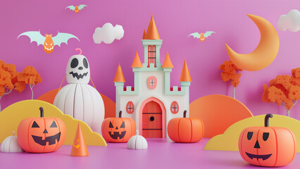 Fototapeta premium Enchanting Halloween purple Paper Art Scenes with Jack-o-Lanterns and Gothic Castles