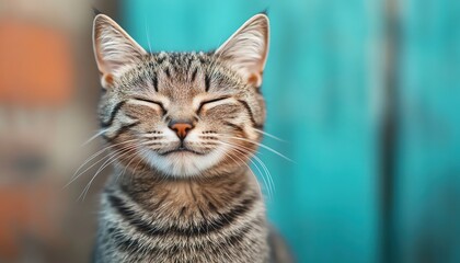 Obraz premium Smiling cat with squinted eyes, soft pastel blue background, closeup, natural light