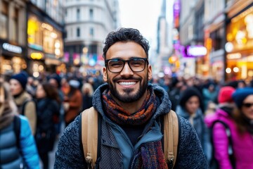 Fototapeta premium A cheerful man with glasses and a scarf stands in a busy street, smiling warmly as the colorful neon lights create a vibrant backdrop in the city.