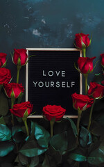 The image features a dark, textured background with a black rectangular board at its center, displaying the words "LOVE YOURSELF" in simple, white capital letters.