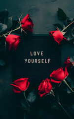 The image features a dark, textured background with a black rectangular board at its center, displaying the words "LOVE YOURSELF" in simple, white capital letters.