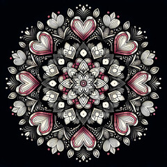 simple minimalist white vector fine line art of A mandala that symmetrically arranges various heart shapes around a central axis, on a black background.