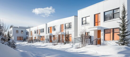 Peach windowed townhouses in Snow Valley featuring white walls on a clear sunny day.