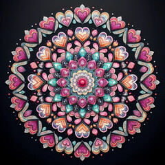 simple minimalist white vector fine line art of A mandala that symmetrically arranges various heart shapes around a central axis, on a black background.