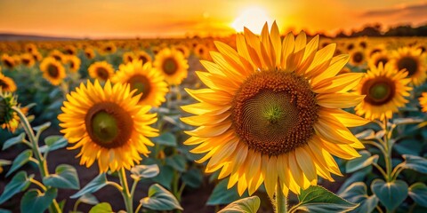 Obraz premium Stunning Low Light Photography of Bright Yellow Sunflowers in a Farm Field – Agriculture and Harvest Concept