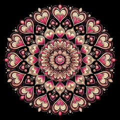 simple minimalist white vector fine line art of A mandala that symmetrically arranges various heart shapes around a central axis, on a black background.