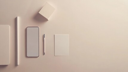 Minimalist desk setup with a smartphone pen and notepad on a light-colored background