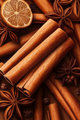 A digital illustration of a collection of cinnamon sticks and cloves, with a slice of lemon and a star anise in the center