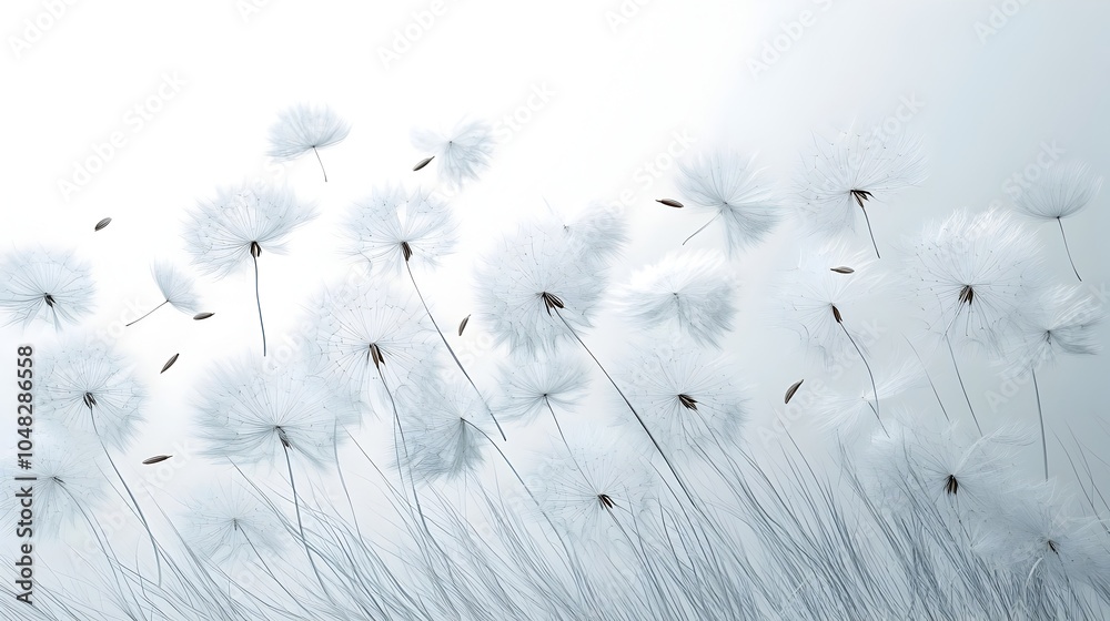 Poster Ethereal dandelion seeds gracefully drifting and floating through a stark white backdrop,creating a serene and minimalist visual. The wispy,delicate seeds appear to hover and levitate.