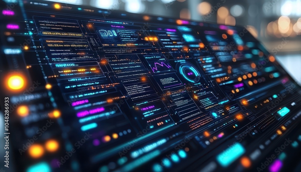 Poster a digital display showcasing colorful data, graphs, and coding elements, representing advanced techn