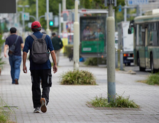 秋の昼の街の道路で歩くシニア男性の姿