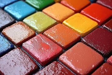 Fototapeta premium A vibrant arrangement of square tiles in various colors, showcasing a glossy finish that enhances their aesthetic appeal.