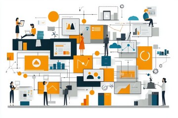 Fototapeta premium A vibrant illustration depicting people interacting with data visualizations, charts, and digital interfaces, emphasizing analytics and technology in a collaborative environment.