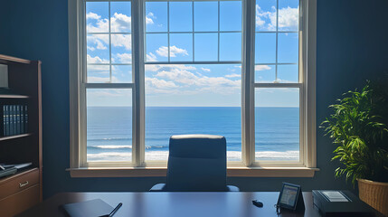 Zoom Background office with desk and computer and window with ocean view