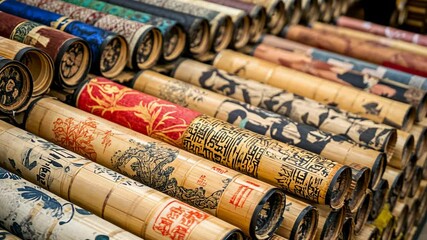 A close-up view of decorative bamboo tubes in a market, featuring intricate designs and vibrant colors