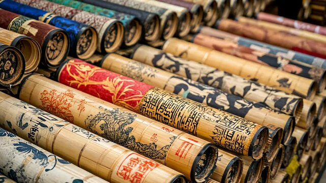 A close-up view of decorative bamboo tubes in a market, featuring intricate designs and vibrant colors