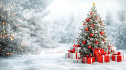 Obraz premium A Christmas tree with red and white ornaments sits in a snowy field. The tree is surrounded by several red boxes, which are likely presents. Concept of warmth and joy, as the tree