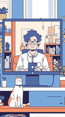 A man sits in a modern study space with a cat on the table, engaging with technology on his computer, signifying a balance of work and pet companionship.