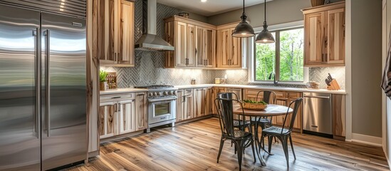 Contemporary kitchen showcases hickory wood cabinets in Snow Valley.