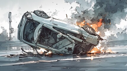 An overturned car catches fire after a catastrophic accident on a highway, illustrating the dramatic consequences of high-speed crashes with intense imagery.