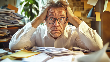 Businessman overwhelmed by paperwork in his office, expressing stress while balancing work responsibilities at his desk during a busy day