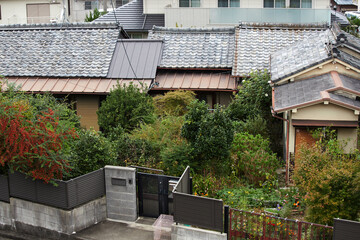 住宅地の古い一軒家の建物と庭の雑草の風景
