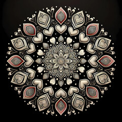 simple minimalist white vector fine line art of A mandala that symmetrically arranges various heart shapes around a central axis, on a black background.