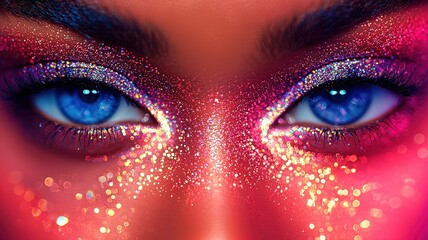 Naklejka premium A close-up of vibrant eyes adorned with colorful glitter makeup, showcasing striking blue irises and an artistic use of light and color.