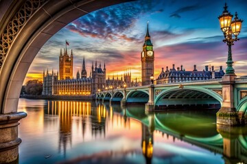 Fototapeta premium Stunning View of Westminster Bridge at Dusk with Iconic Architecture and Calm River Scene for Travel and Tourism