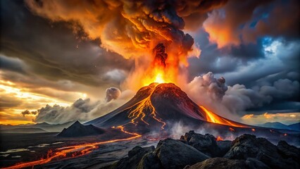 Stunning Volcanic Eruption with Glowing Lava and Ominous Clouds for Powerful Natural Landscape Photography
