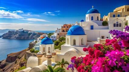 Obraz premium Stunning White Architecture of Oia Town on Santorini Island, Greece with Scenic Views and Clear Sky