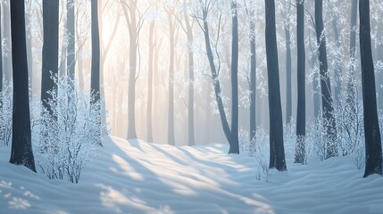 A snowy forest path with sunbeams filtering through the trees.