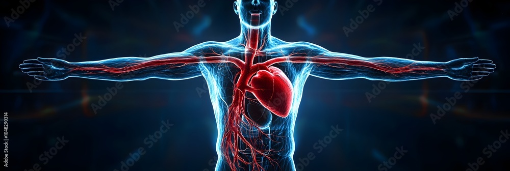 Poster Futuristic 3D digital showing the human circulatory system with a glowing heart and pulsating veins and arteries.