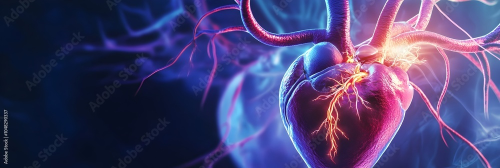 Poster Futuristic 3D rendering of a glowing and dynamic human heart anatomy,showing the intricate details of the cardiovascular system including the veins,arteries,nerves,and muscle fibers.