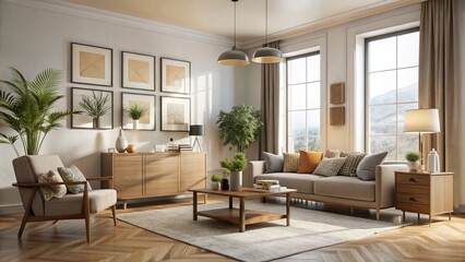 Stylish Living Room with Wooden Chest of Drawers and Modern Posters for Interior Design Inspiration
