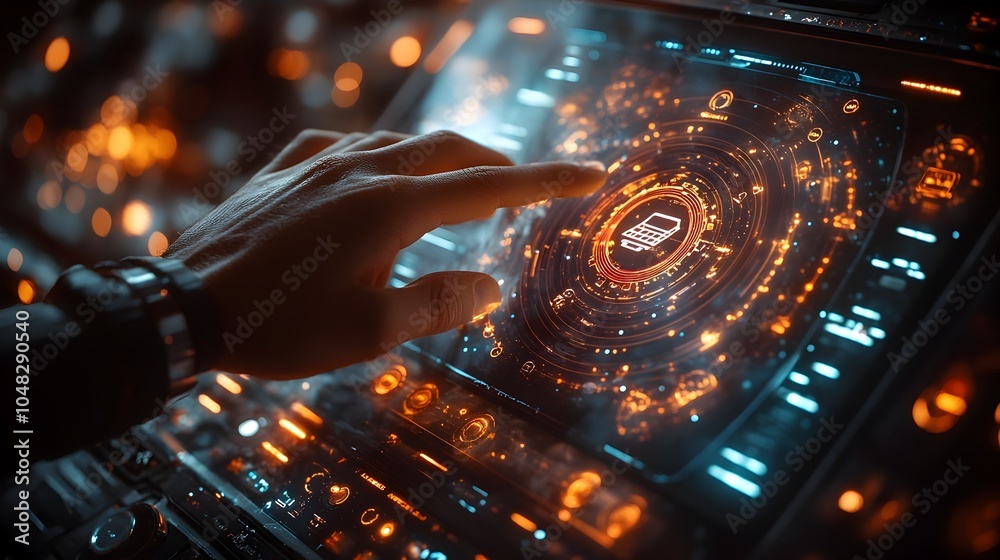 Poster Futuristic digital holographic interface with a glowing sphere and interactive gesture-based controls. High-tech concept for data visualization,network connectivity,and advanced technology systems.