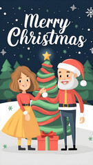 Fototapeta premium Merry Christmas text card with girl and Santa Claus in front of a decorated Christmas tree and glowing star topper, gifts and falling snowflakes, capturing a joyful snowy winter night background